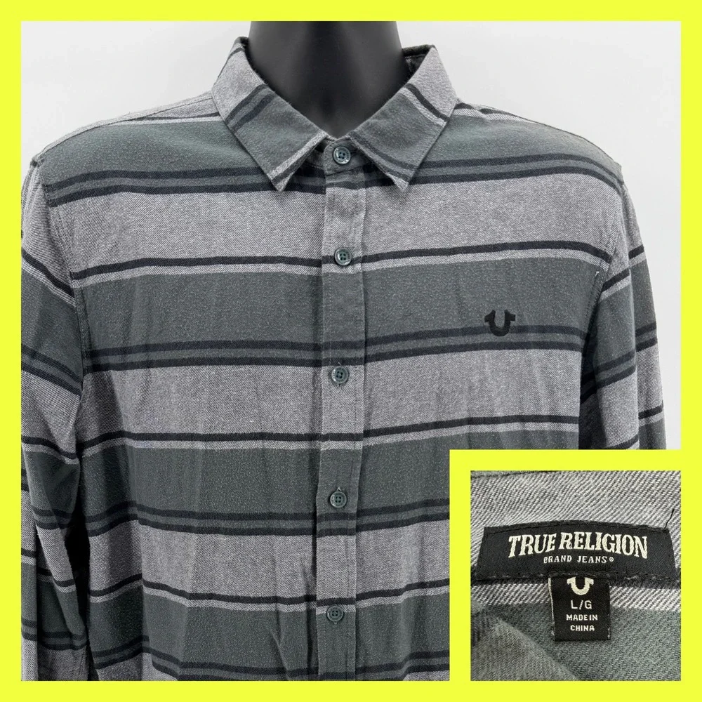True Religion Mens Large Gray Striped Long Sleeve‎ Button Down Shirt Shipyard